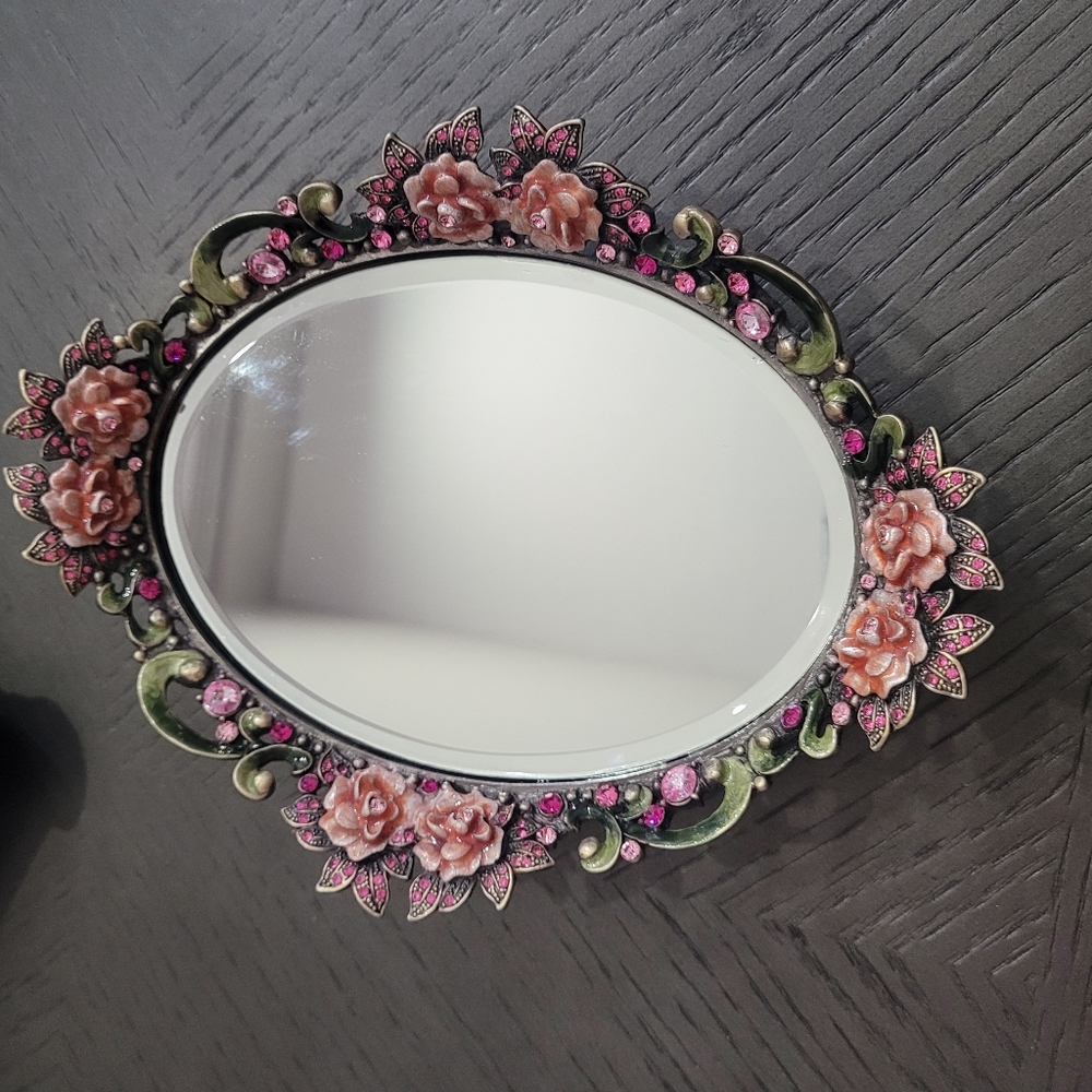 Vintage Floral Rhinestone Mirror Vanity Tray/Trinket Dish